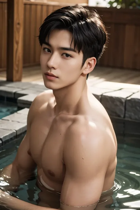 8k, super detail, accurate, best quality, 1boy, kpop idol, naked, completely, muscular, handsome, outdoor, bathing with steam, hot spring, onsen, sweat, look at viewer, depth of field, bokeh, detailed background, detailed lighting, diffused natural sunligh...