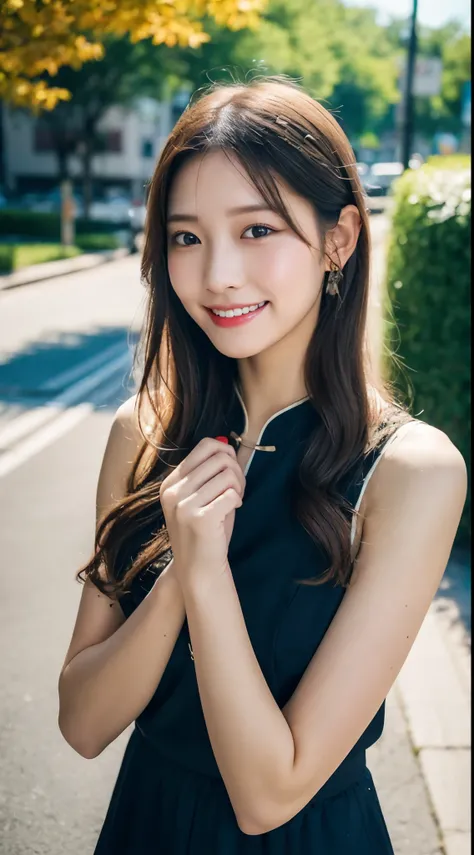 ulzzang-6500-v1.1, (RAW photo:1.2), (realistic), beautiful detailed girl, (genuine: 1.4),  cheongsam clothing, Sleeveless cheongsam, The material of the cheongsam is satin, shiny and、It is soft and smooth to the touch., tight cheongsam dress, No underwear ...