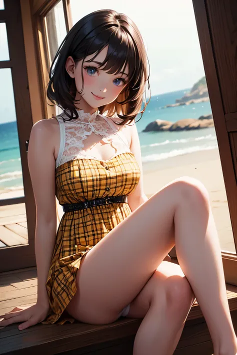 very cute and beautiful girl sitting near window,(yellow plaid summer dress with detailed frills),sleeveless,detailed lace,(spread legs),(white panties:1.12), (highly detailed beautiful face and eyes:1.2),antique hotel bedroom with outside view,distant tre...