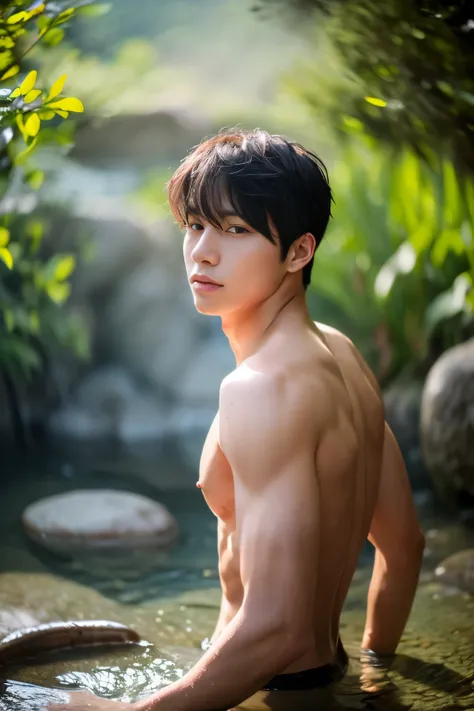 8k, super detail, accurate, best quality, 1boy, kpop idol, naked, completely, muscular, handsome, outdoor, bathing with steam, hot spring, onsen, sweat, look at viewer, depth of field, bokeh, detailed background, detailed lighting, diffused natural sunligh...