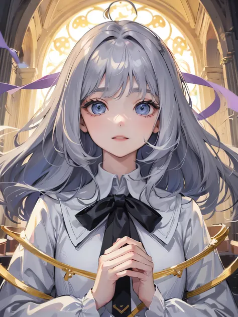 1 girl、blouse、detailed face、long hair with gray hair、light blue eyes、round eyes、hair arrange、tie a ribbon on the chest、Smiling Girl、drooping eyes、droopy eyes、17 years old、church、Patsun bangs、Highest image quality、simple clothes、pray