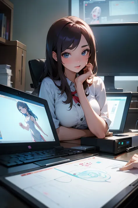 High-resolution image of a young, Innocent idol woman in her 30s, dressed as a  professional animator, in a creative studio, working on an animation tablet, with animated characters on screens, showcasing digital artistry and creativity.