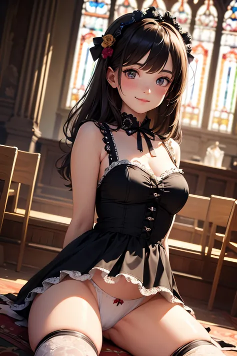 very cute and beautiful girl,(highly detailed beautiful face and eyes:1.2),
(smile),blush,black hair,looking at viewer,(floral pattern brown lolita dress with detailed frills),detailed lace,
sitting,(spread legs),arms behind back,(white panties:1.12),
alta...