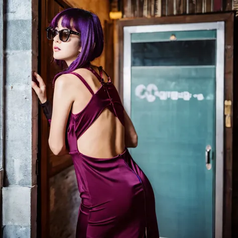 a girl, purple hair, wearing a red glasses, standing with a black drees revealing back, stand in front of a door