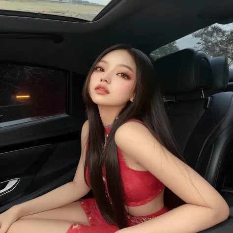 Araffe sentado em um carro com um vestido vermelho em, jennie blackpink, jossi do blackpink, Heonhwa Choe, parque roseanne de blackpink, Jisoo do Blackpink, Jisoo do Blackpink, com cabelo comprido, sentada no carro dela, asian girl com cabelo comprido, lin...