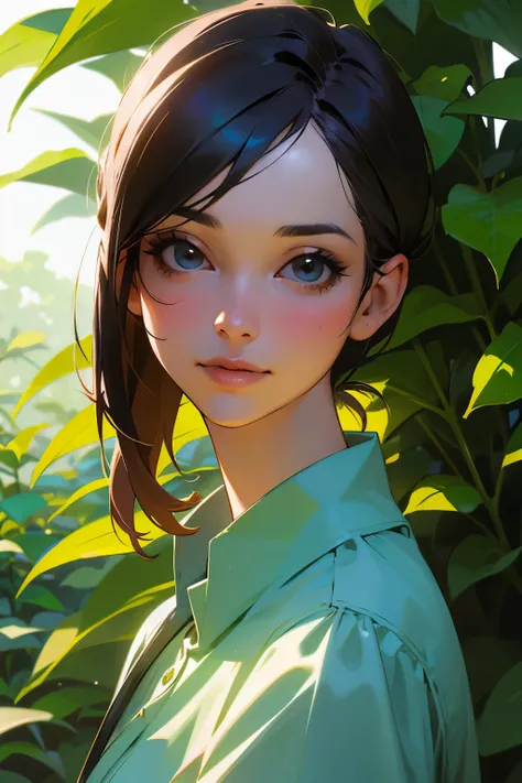 Engaging, photorealistic portrait of a young, attractive woman in her 30s, innocent idol style, dressed as a horticulturist, in a botanical garden, examining plants, under natural light, highlighting a passion for plant science and ecology.