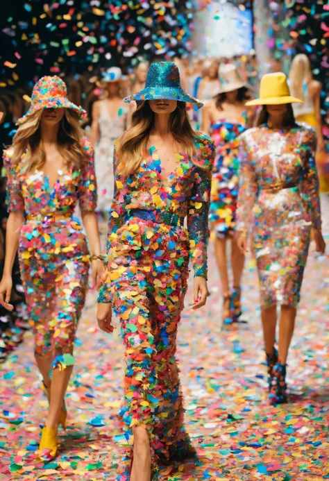 lots of colorful confetti, beautiful women walking down the runway at a fashion show wearing clothes made of colorful confetti, ...