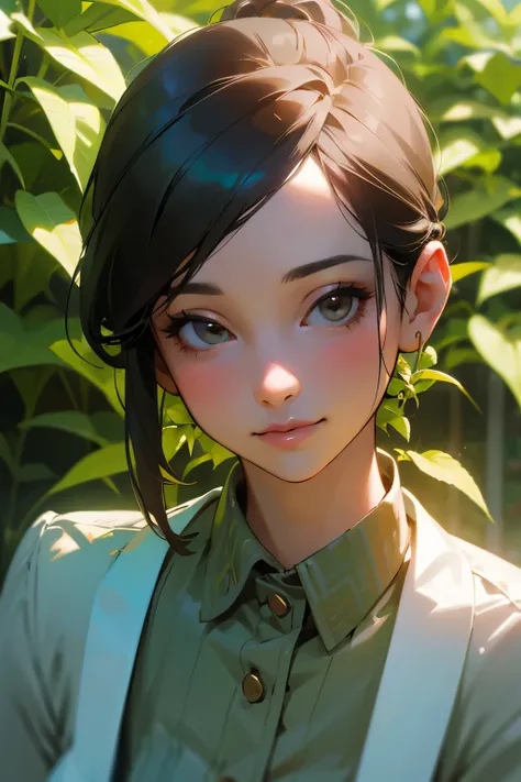 Engaging, photorealistic portrait of a young, attractive woman in her 30s, innocent idol style, dressed as a horticulturist, in a botanical garden, examining plants, under natural light, highlighting a passion for plant science and ecology.