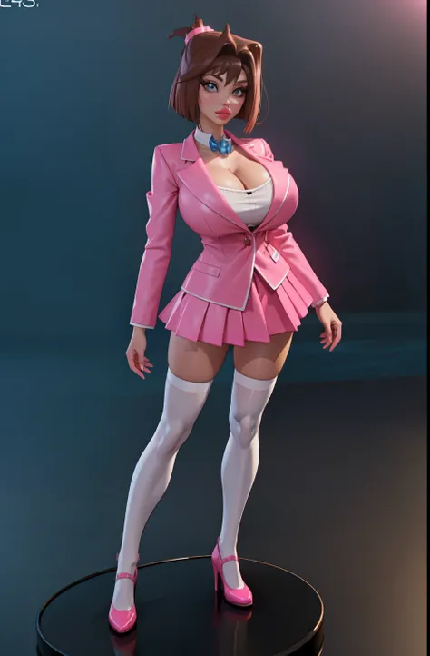 Highest quality,The perfect masterpiece,Perfect artwork,8K,
(Full body view:1.5),(gigantic breasts:1.3),Delicate face, lens, slendered abs, ((tea Gardner)), ((anzu)), Yugioh, 
((Aletta ocean face)), blue ribbon on collar, (pink blazer), (brunette), (short ...