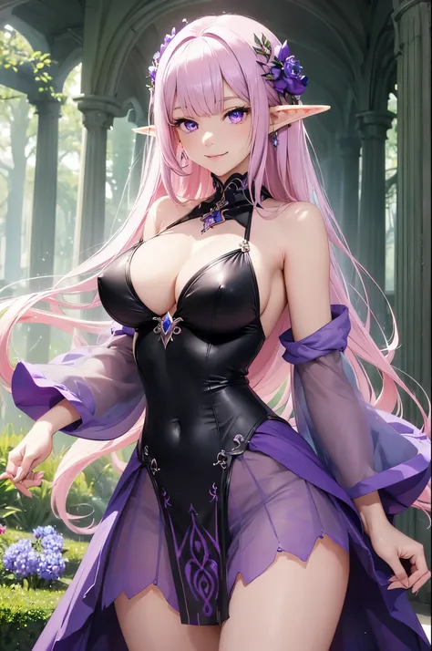 (masterpiece, round_iris, extremely crisp crystalline shiny purple eyes, perfect_anatomy, extremely_captivating_hypnotic_mystic_eyes, ) perfect face, pointy ears, long baby pink hair, smiling evil, big breasts, wearing a fantasy dress, fae, elf, fantasy, u...