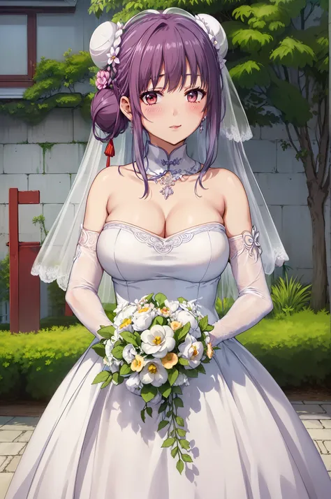 Takasaki_mayumi,high resolution,
Close-up of beautiful bride wearing beautiful wedding dress,Gurwitz,(bridal veil:1.5），（Transparent short veil：1.5），Blushing face，Head flower，headgear，（tube top wedding dress：1.5），（strapless dress：1.2）,（Strapless wedding dre...