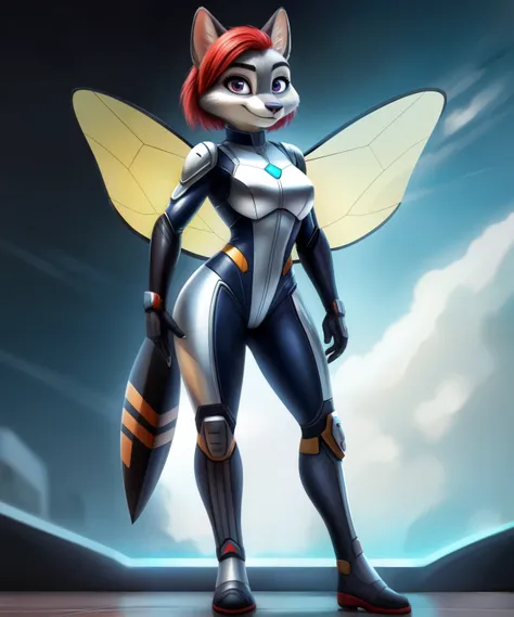 Hope Van Dyne The Wasp as an silver fox, The Wasp supersuit, bug wings, red hair, Zootopia style, full body view