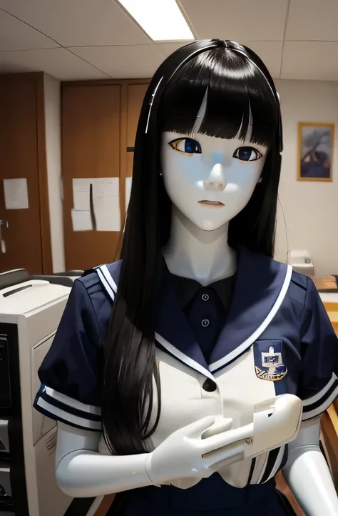 A mannequin is touching an old computer keyboard,that mannequin is beautiful,That mannequin is Chihiro Anai.,That mannequin is 25 years old.,The height of the mannequin is 165cm,mannequin color&#39;my face is white.,mannequin color&#39;The body is pure whi...