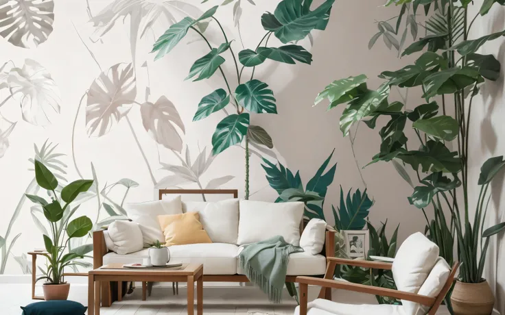 there is a living room with a couch and a chair, wallpaper design, wallpaper art, art deco nature, wall mural, living room wall background, wall painting, abstract high quality, abstract wallpaper design, jungle grunge, botanic foliage, wall paper, wallpap...