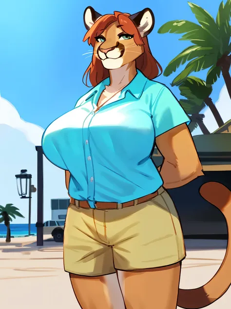 By bebebebebe, by lostgoose, by goonie-san, solo, female, smiling, happy, feline, (((cougar))), big breasts, ((hawaiian shirt)), cargo shorts, standing, in florida, in city, (hair), milf, hands behind back