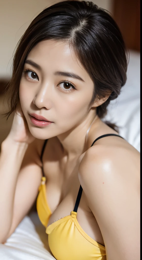 A mature Korean mom named Jinju, at the age of 45, still maintains a slim figure with her  breasr,( lying down at bed with closed eyes), she wears a yellow bridal bra and yellow thong. (Hyper-realistic, Ultra detailed: 1.4)

(Best quality, 8k, masterpiece:...