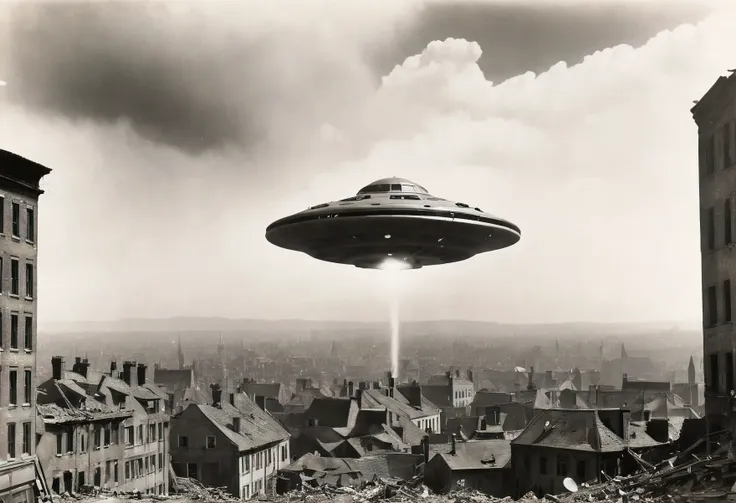 b&w 35mm vintage photo of a ufo in a ww2 picture, destroyed city backdrop