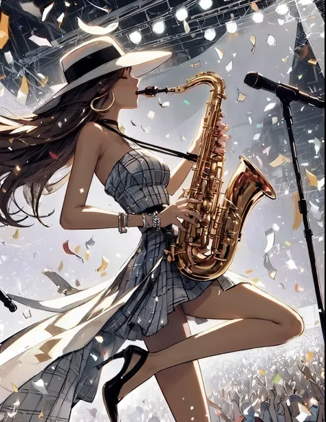 1lady solo, (playing the saxophone), (dynamic posing), (stylish outfit), mature female, (dark skin), /(dark brown hair/) bangs, (eyes slightly closed), (holding saxophone in mouth) (closed mouth:1.1), (masterpiece best quality:1.2) delicate illustration ul...