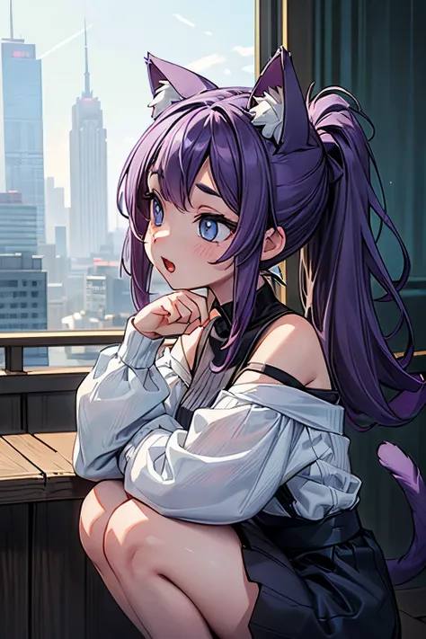 ((Masterpiece)), ((best quality)), (Professional Photography), (Photorealsitic:1.3), (super detailed), profile, ((crouching on Skyscraper Tops)), open mouth and laughing, 1girl, cute, ((seductive Pose)), (put on cat ears), messy long ponytail, pale purple ...