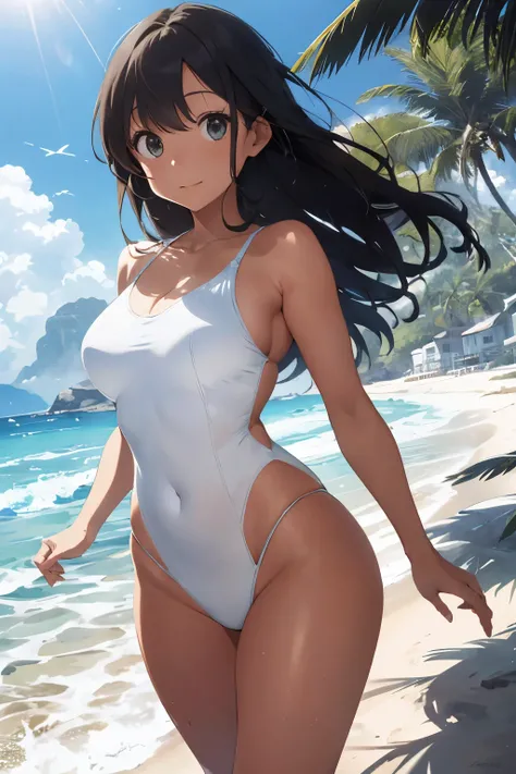 Woman in a pristine white swimsuit, gracefully striding along the sun-kissed beach, leaves behind footprints in the soft, warm sand. The elegant curves of her body are accentuated by the snug fitting swimsuit, every detail meticulously rendered in high res...