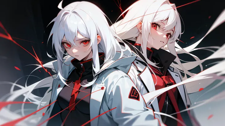 anime character with white hair and a black skintight suit, long hair, white jacket, shy, pale, yandere, red eyes, yandere, anime style, anime fanart style, anime art style, style anime, anime style character, high quality anime artstyle, red lightning, re...