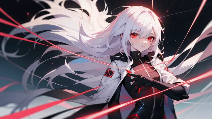 anime character with white hair and a black skintight suit, long hair, white jacket, shy, pale, yandere, red eyes, yandere, anime style, anime fanart style, anime art style, style anime, anime style character, high quality anime artstyle, red lightning, re...