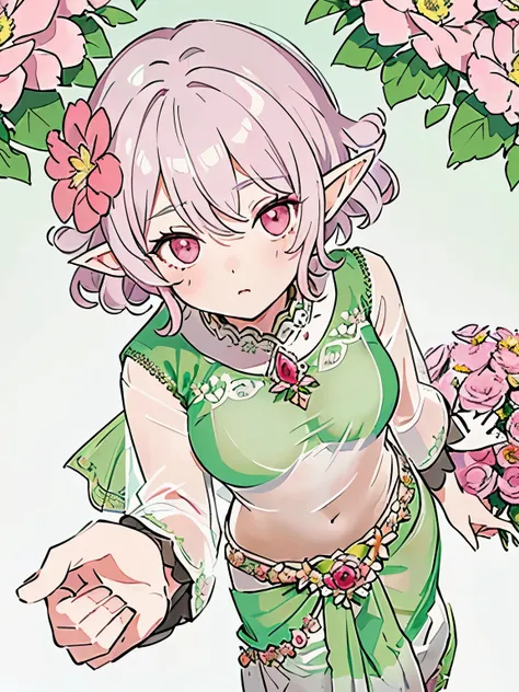 (gray hair:1.2),(short hair with curls:1.3),(Soft short:1.25),(Together:1.3),(Reddish-pink eyes:1.4),(eye size:1.5),(elf ears:1.2),(flower motif accessories:1.3),BREAK (fashion color white、green、green 、Money:1.3),((saree fashion:1.4)),(Sheer Sleeve:1.4),(F...