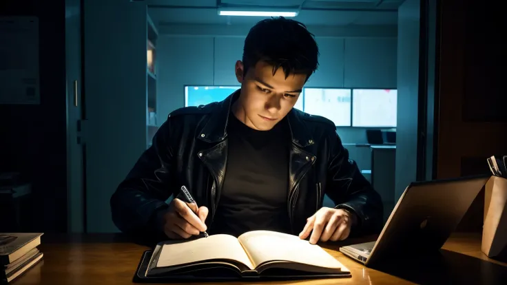 un homme sur son bureau avec un livre, en mode cyberpunk