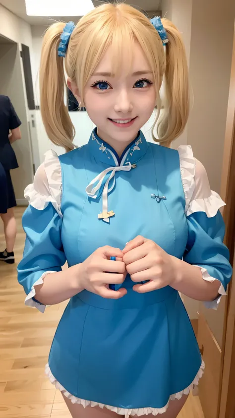 she is cosplaying as a princess、blonde short、smile、blue eyes、colorful and flashy cheongsam、twin tails