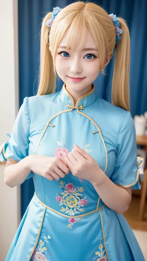 she is cosplaying as a princess、blonde short、smile、blue eyes、colorful and flashy cheongsam、twin tails