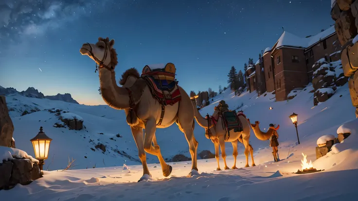 night，snow，camel，desert