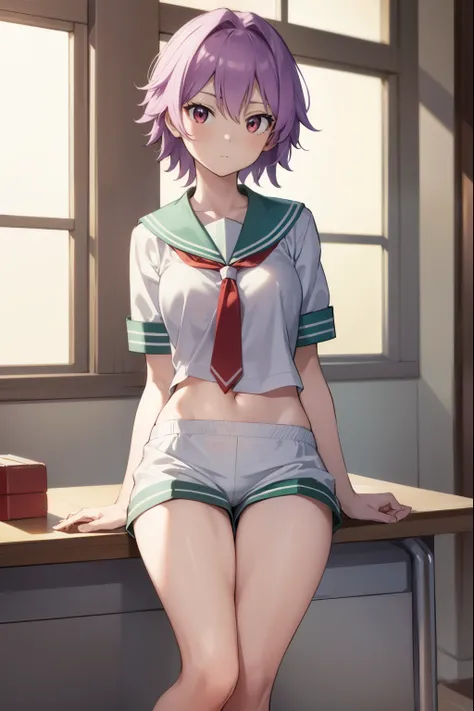 kantaitama, tama, hair between eyes, purple hair, short hair, (red eyes:1.5),
BREAK school uniform, serafuku, sailor collar, green sailor collar, shirt, white shirt, short sleeves, necktie, red necktie, shorts, white shorts,
BREAK looking at viewer, full b...