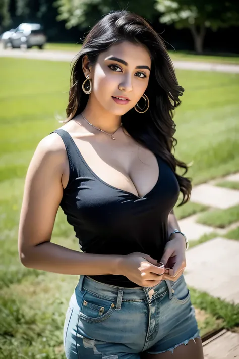 Image of A confident-looking sexy and hot indian upmarket teenager Rakhi chauhan, with long flowing hair, hazel eyes, in white buttoned shirt and blue jeans shorts, with c-cup breasts, standing near the green meadow of a farm house, cleavage visible, perfe...