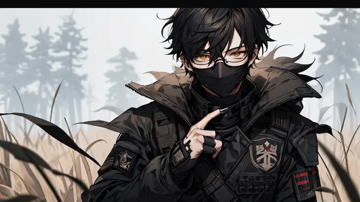 1 guy, camouflage military pants, black sweater, black body armor, Tactical gloves, Balaklava, wild hair, берцы, gun in hand and press, Thin, pale, rings on fingers, black nails, Glasses, black hair, a little sporty, Glass eyes, smile, cinematic lighting, ...