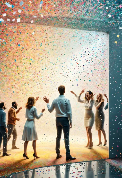 In the center of the picture is a glass wall,White people shaped confetti passing through glass wall,turn into confetti, ,production art, Interesting illustration, cartoon