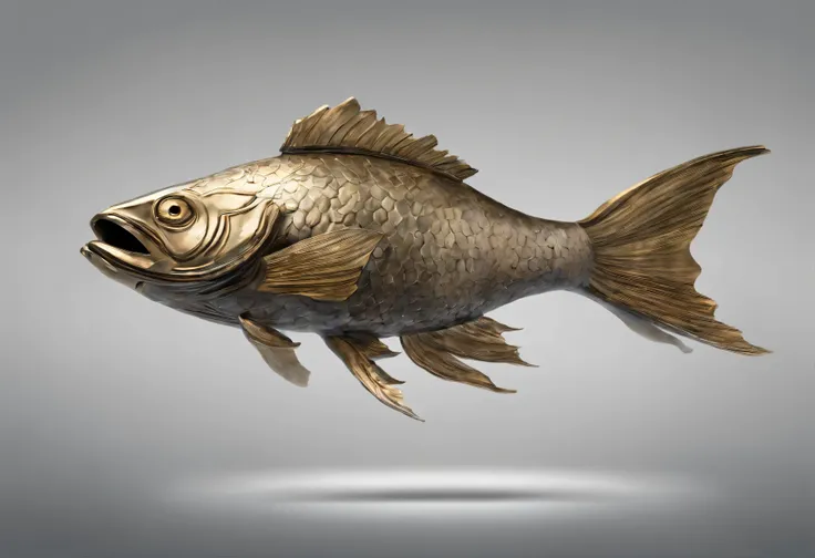 bronze fish, digital art, masterpiece, no background, gray background