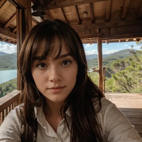 A girl with brown hair in a wooden hut on top of a mountain overlooking a lake and pine trees