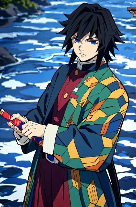 yoshiyu tomioka, demon slayer, 1 boy, alone, upper body, water, blue aura, flowing water, holding knife, combat readiness, looki...