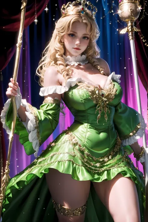 (actual, high resolution:1.2), Super detailed, glinda (From the Wizard of Oz), Feathers on the buttocks, Holding the lever arm, Off-the-shoulder dress, crown, Detachable sleeves, collar, Armored boots, feather updo, facing forward, looking at the audience