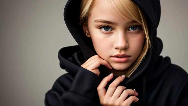 KIDS GIRL BLONDE in a black hoodie holding her head in her hands, KIDS girl wearing hoodie, in a black hoodie, close up portrait photo, gorgeous young model, in a hoodie, portrait black and white portrait, wearing a black hoodie