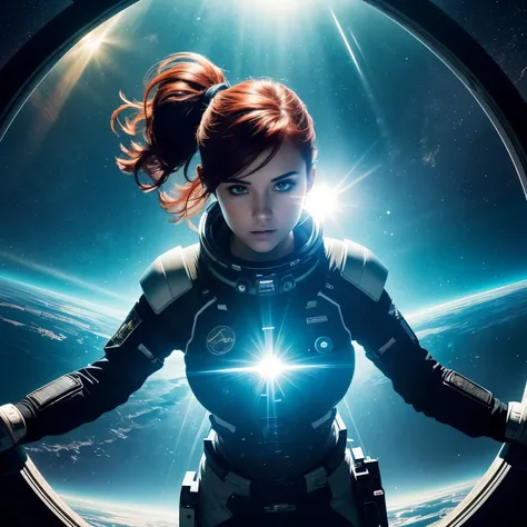 (masterpiece, top quality, Best quality, extremely detailed, as detailed as possible, Official art, beautiful and aesthetically pleasing:1.2), Colorful, Beautiful face, One, perfect body, 1 girl, in space, short red hair, ponytail (hairstyle), green eyes, ...