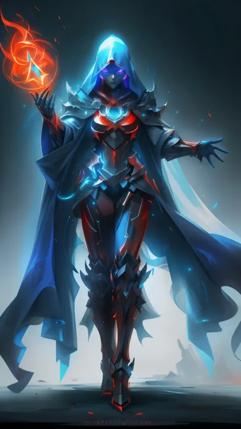 Full body photo, full body, blue ghost mage, wearing blue mechanical armor, surrounded by ghost flames, magical spells, burning red flames in hand, perfect body proportions, tall figure, wearing a veil, glowing blue eyes, cloak, dark background, backlight,...