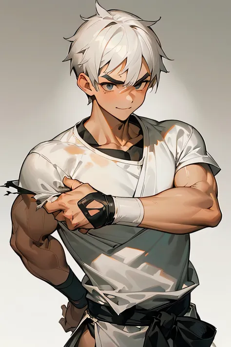 Light gray hair color, short hair, martial arts teen boy, (Intricate muscle detail:1.2), smooth skin, serious expression,(torn white short sleeve shirt:1.2), dirty and tattered clothes , White Hachimaki, (Also々thick eyebrows:1.11), (short) ,(anatomically c...