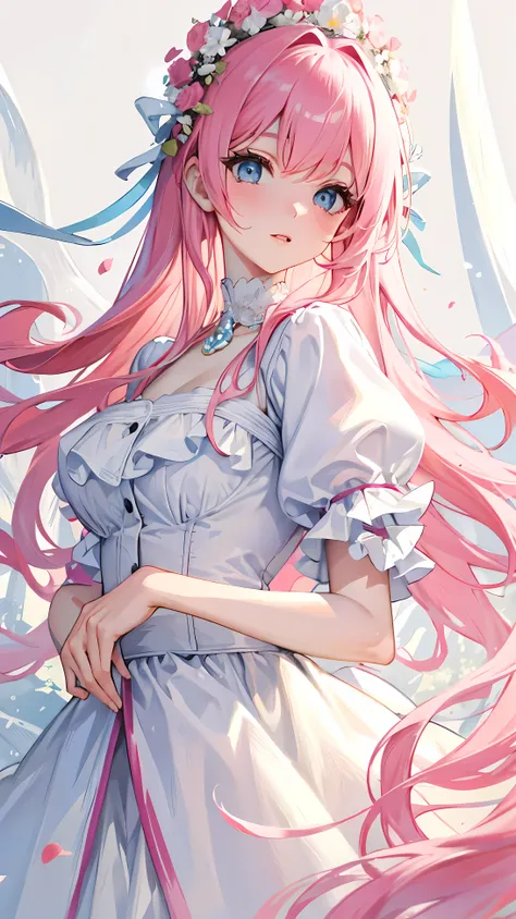 ((masterpiece)), high quality, super detailed, pink hair + White clothes: 1.2, sweet and delicate girl, Exquisite facial features, Perfect body, surrounded by roses, The colors are bright and bright, pearl white background, Romantic long hair, Natural ligh...