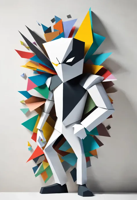 Black and white confetti cartoon character, Half body protrudes from wall，intruder through wall, become half a piece of paper. The intruder is a colorful cartoon confetti man, with fantasy, Science fiction, low polygon, cubismo, paper cutting, Created by C...