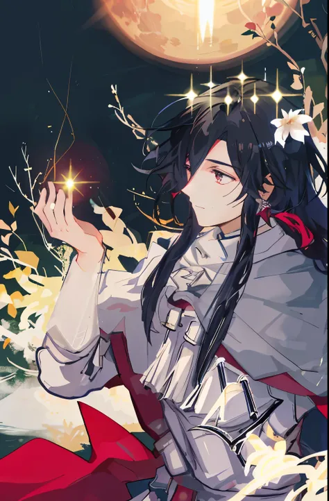 Super detailed、highest quality、short black hair、cool look、red earrings、short black hair、brown eyes、neutral face、male性1名、30代male性、male、dark background、narrowed eyes、Ruins covered with ivy、mossy ruins、Ruins covered in greenery、stunted plants、look down、敬虔にpra...