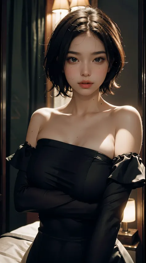 best quality, masterpiece, ultra high resolution, (lifelike:1.4), original photo, 1 girl, Off the shoulders, Cinema lighting, single, top quality, Upper body, beautiful, beautiful, shining, big breasts, short hair, masterpiece