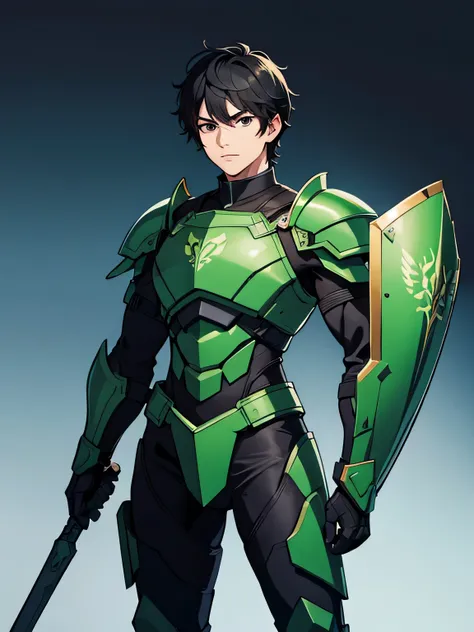 Ultra-detail high quality wallpapers.1 Male Hero. Upper body . Green Guardian Hero.1Male,35years old male,Cowboy shot. Beautiful face,(black hair,very short hair,横分けの前髪 艶のある髪,black eyes almond eyes:1.2),looking at viewer,male focus,solo,cyberpunk style par...