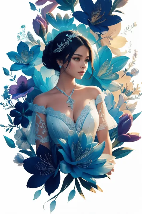 a stunning art, abstract, flowery, predominantly blue, white, upper body, centered, key visual, intricate, highly detailed, brea...