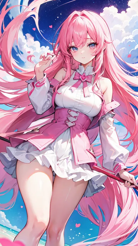 sweetheart personification，Super big beauty，long pink hair，smart and cute，Dressed in white